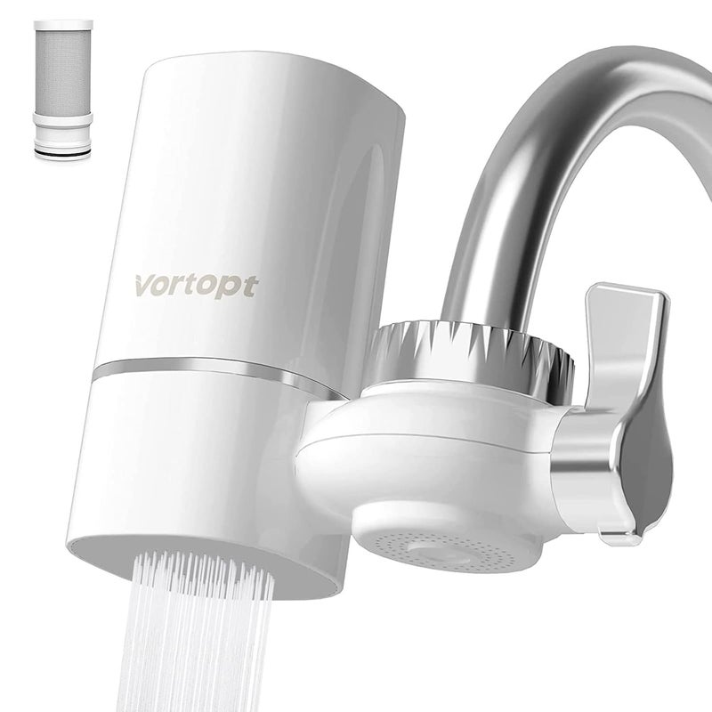 Vortopt Faucet Water Filter for Sink, Rapid Flow - 400 Gallons Faucet Mount Water Filtration System for Tap Water, NSF Certified Reduces Chlorine & Bad Taste with 1 Replacement (White-T1-1Filter) - Image 1